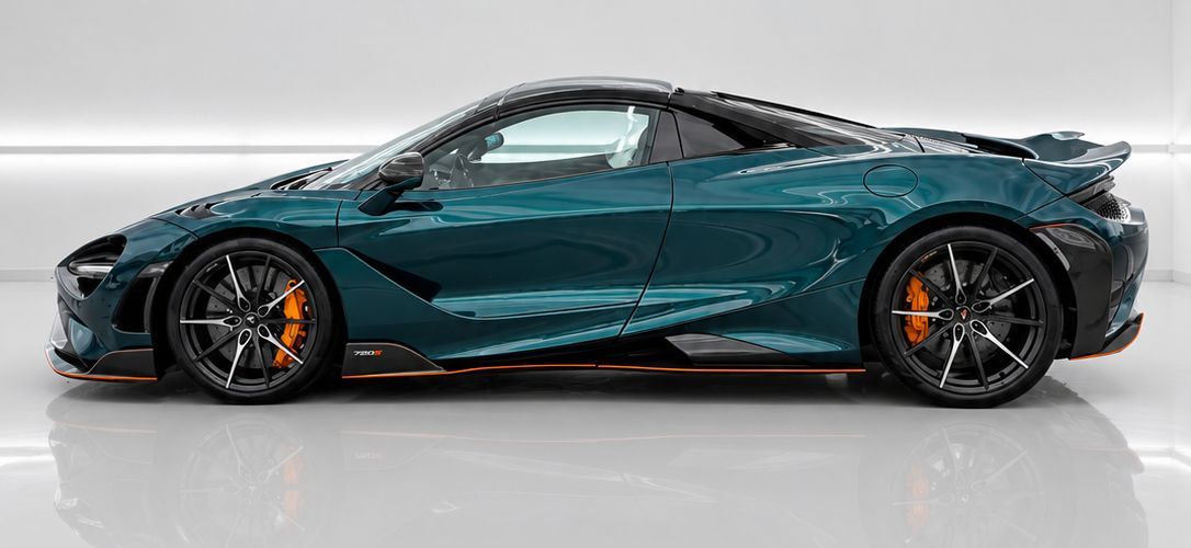 McLaren 765LT Spider in Petrolblau, Seitenansicht