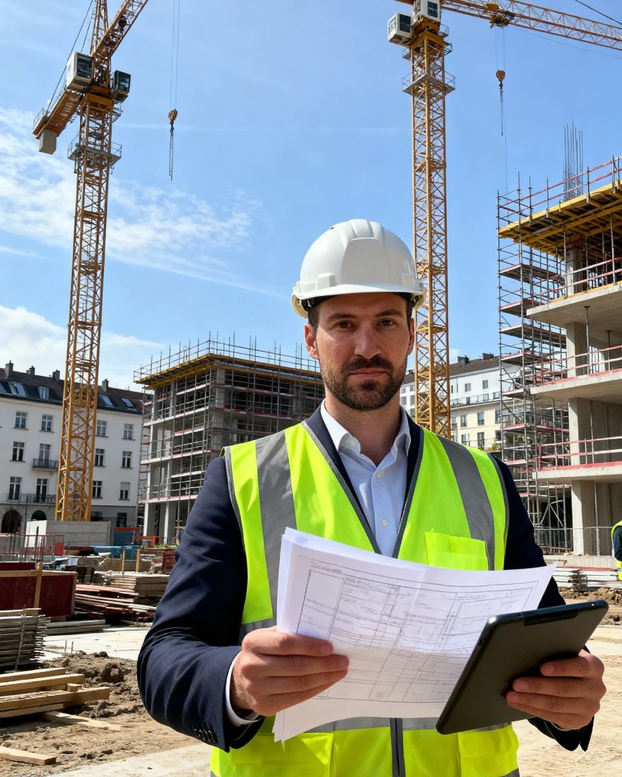 Tim Hartinger mit Plänen auf der Baustelle